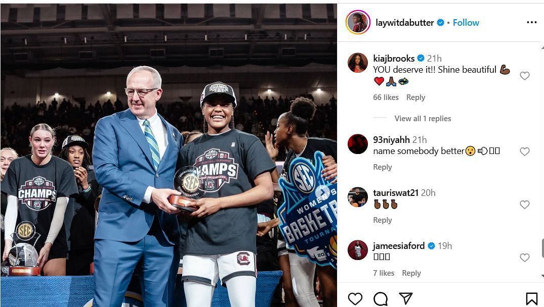 Kia Brooks reacts to MiLaysia Fulwiley's IG post. Image via @laywitdabutter